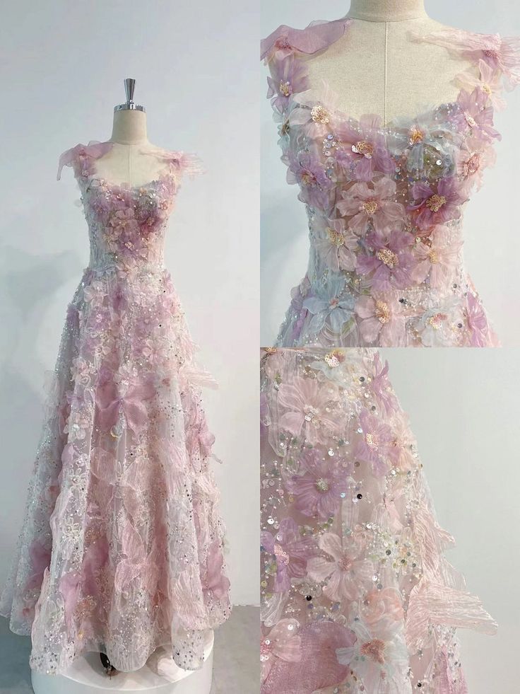 A Line 3D Floral Lace Skirt Tulle Bodice Floor-Length Prom Dresses