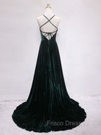 A-Line Backless Green Velvet Long Formal Prom Dress, Green Formal Evening Dress