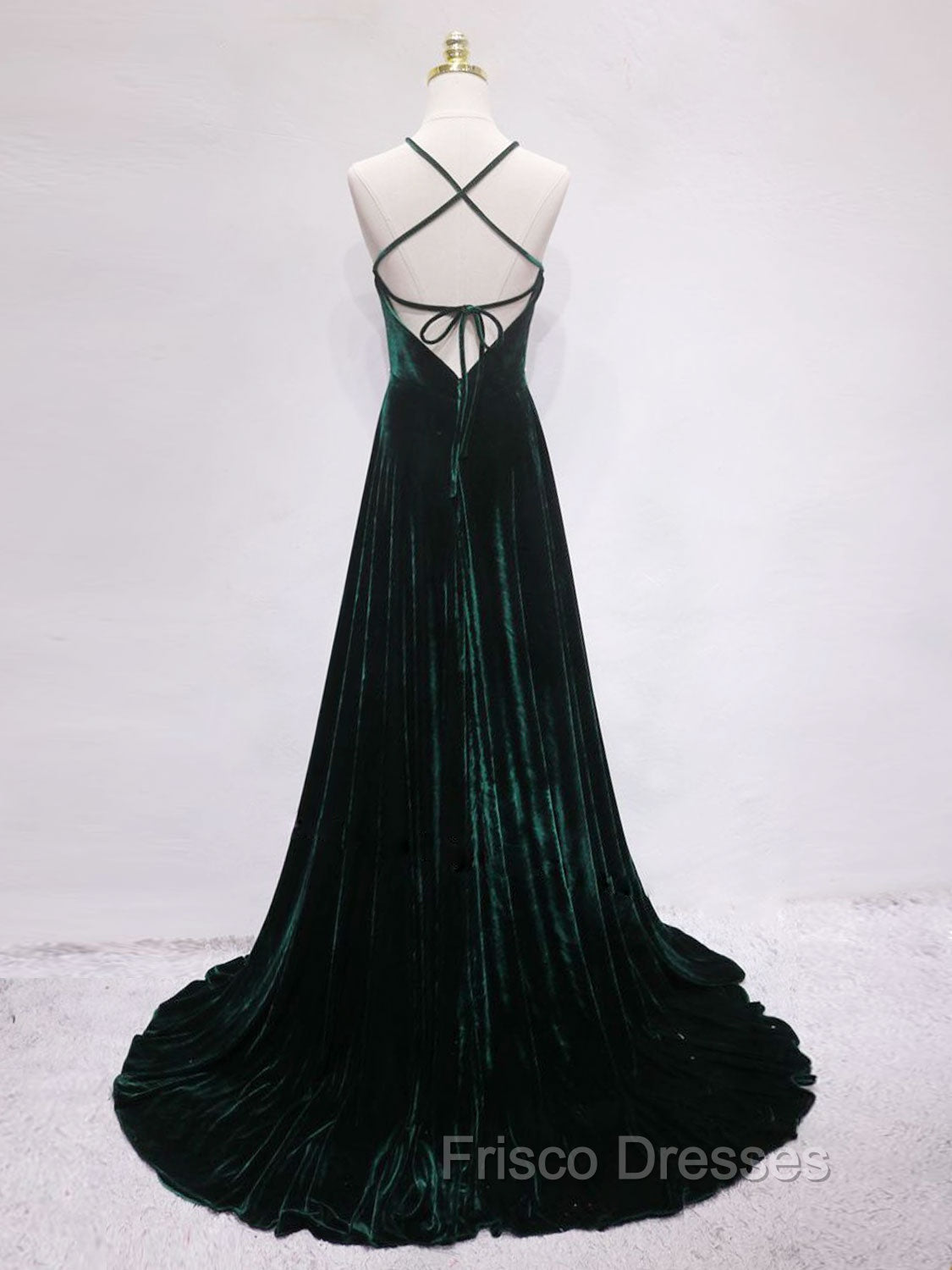 A-Line Backless Green Velvet Long Formal Prom Dress, Green Formal Evening Dress
