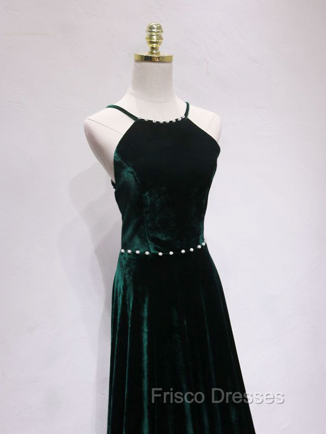 A-Line Backless Green Velvet Long Formal Prom Dress, Green Formal Evening Dress