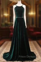 A-Line Backless Green Velvet Long Formal Prom Dress, Green Formal Evening Dress