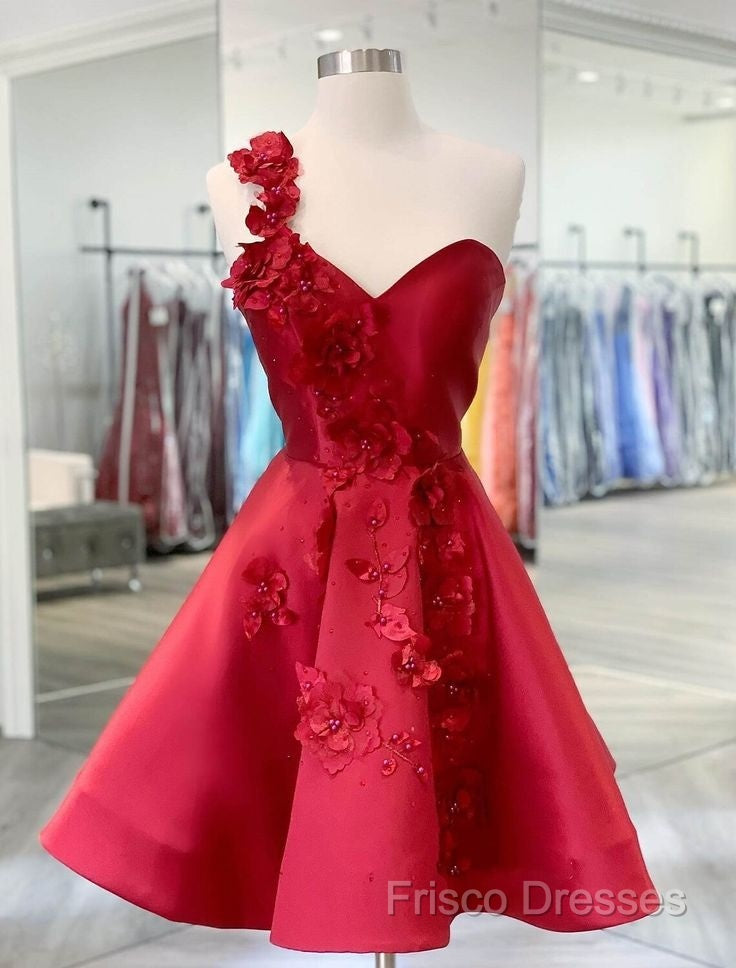 A-Line Backless Homecoming Dress Red Mini Sleeveless One Shoulder Graduation Dress With Appliques