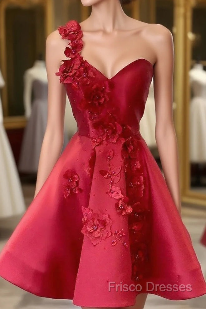 A-Line Backless Homecoming Dress Red Mini Sleeveless One Shoulder Graduation Dress With Appliques