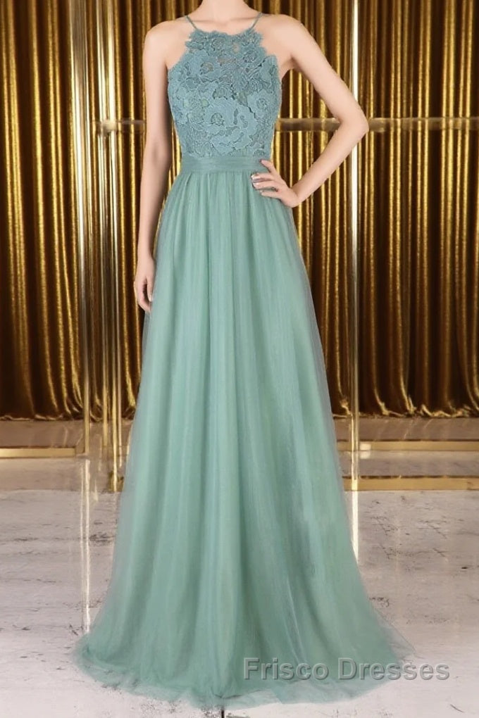 A Line Backless Lace Green Long Formal Prom Dresses, Backless Green Lace Formal Graduation Evening Dresses Main image
