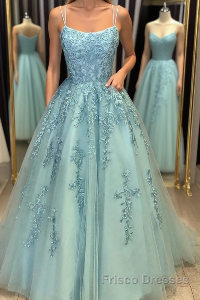 A Line Backless Lace Long Sky Blue Formal Prom Dresses, Backless Sky Blue Lace Formal Dresses, Sky Blue Evening Dresses