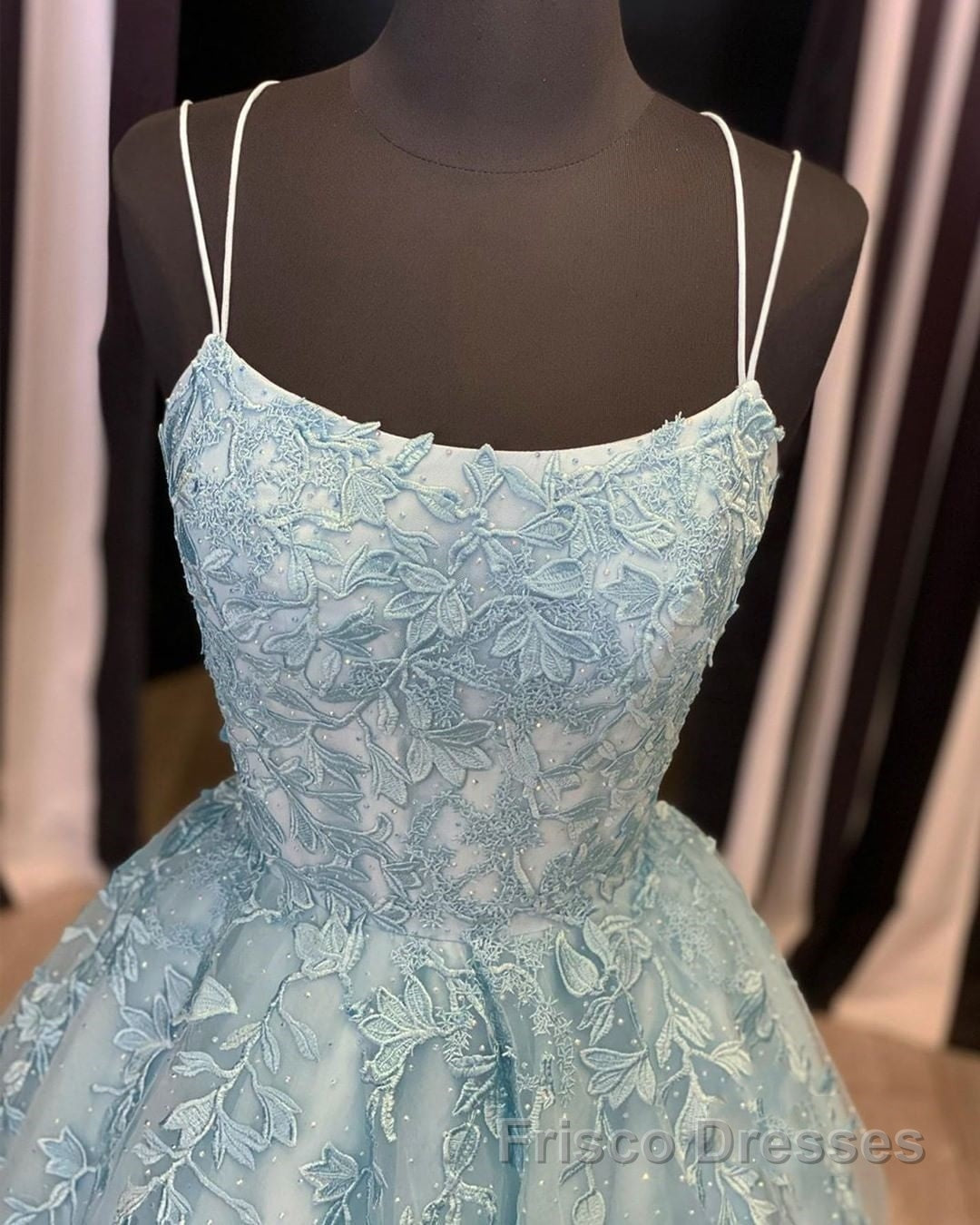 A Line Backless Lace Long Sky Blue Formal Prom Dresses, Backless Sky Blue Lace Formal Dresses, Sky Blue Evening Dresses
