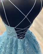 A Line Backless Lace Long Sky Blue Formal Prom Dresses, Backless Sky Blue Lace Formal Dresses, Sky Blue Evening Dresses