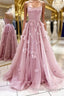 A Line Backless Pink Floral Long Formal Prom Dresses, Pink Floral Formal Graduation Evening Dresses
