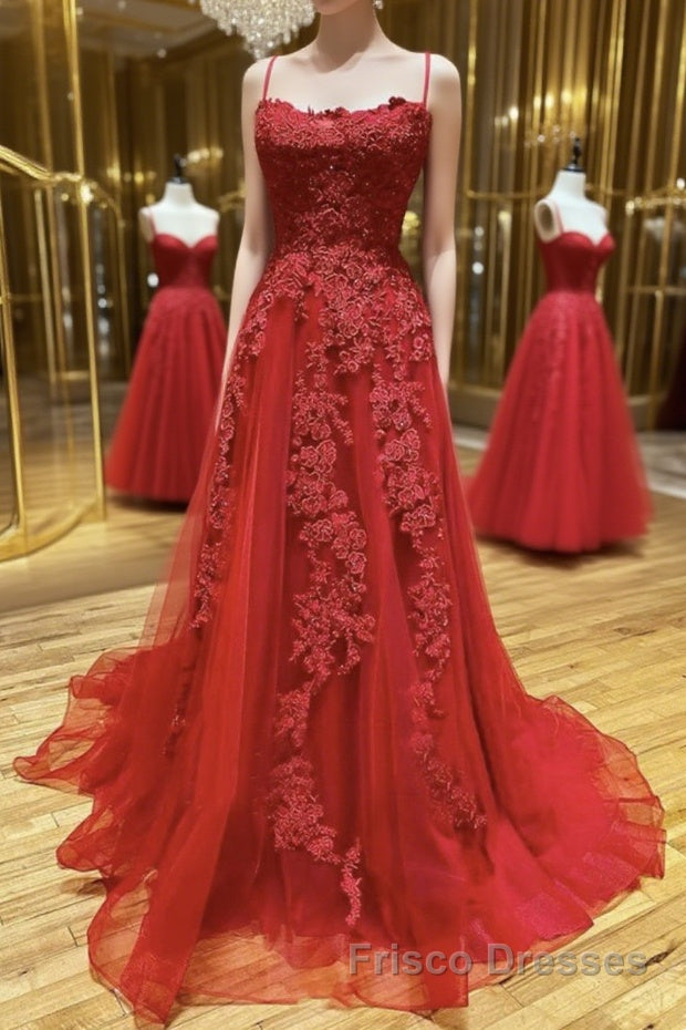 A Line Backless Red Lace Long Formal Prom Dresses, Long Red Lace Formal Dresses, Red Evening Dresses