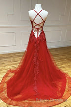 A Line Backless Red Lace Long Formal Prom Dresses, Long Red Lace Formal Dresses, Red Evening Dresses