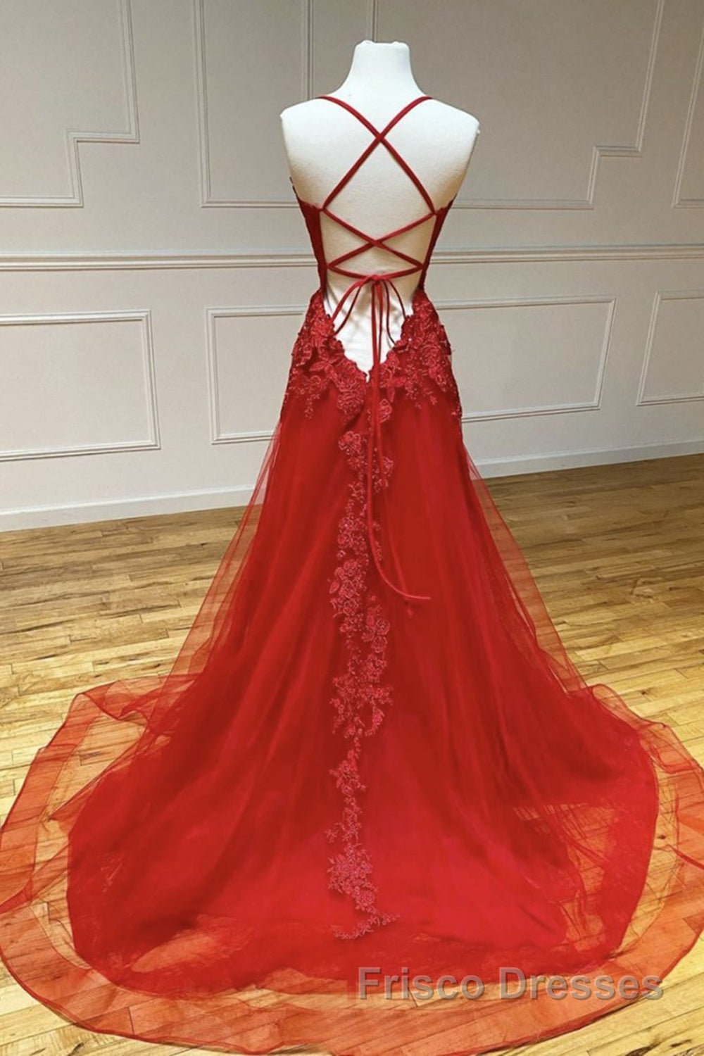 A Line Backless Red Lace Long Formal Prom Dresses, Long Red Lace Formal Dresses, Red Evening Dresses