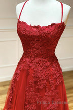 A Line Backless Red Lace Long Formal Prom Dresses, Long Red Lace Formal Dresses, Red Evening Dresses