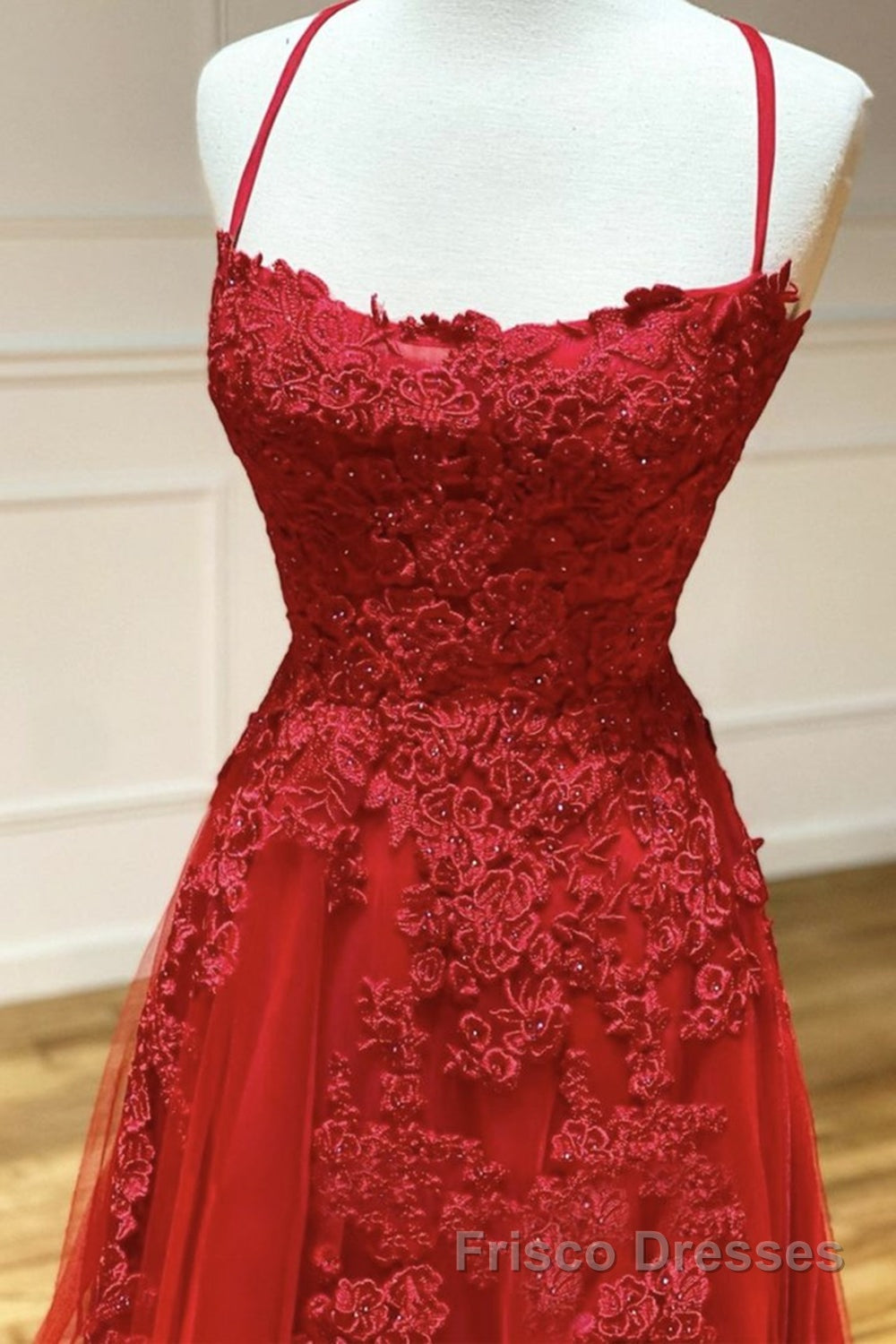 A Line Backless Red Lace Long Formal Prom Dresses, Long Red Lace Formal Dresses, Red Evening Dresses