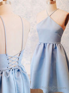 A Line Backless Short Blue Prom Dresses, Short Blue Homecoming Formal Dresses, Evening Dresses