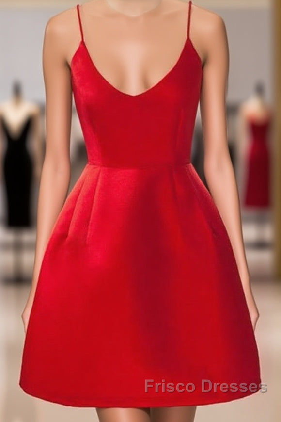 A Line Backless Short Red Formal Prom Dress, Short Red Satin Homecoming Graduation Dress, Red Formal Dress Main image