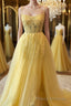 A Line Backless Yellow Lace Floral Long Formal Prom Dresses with High Slit, Open Back Yellow Lace Formal Dresses, Yellow Lace Evening Dresses