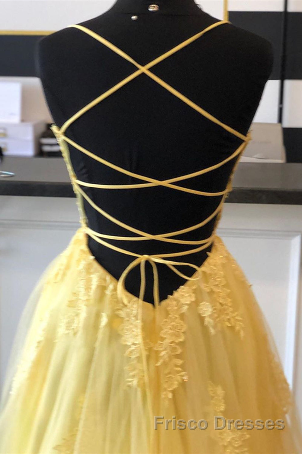 A Line Backless Yellow Lace Floral Long Formal Prom Dresses with High Slit, Open Back Yellow Lace Formal Dresses, Yellow Lace Evening Dresses Secondary image