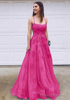 A-line Bateau Court Train Lace Prom Dresses With Appliqued