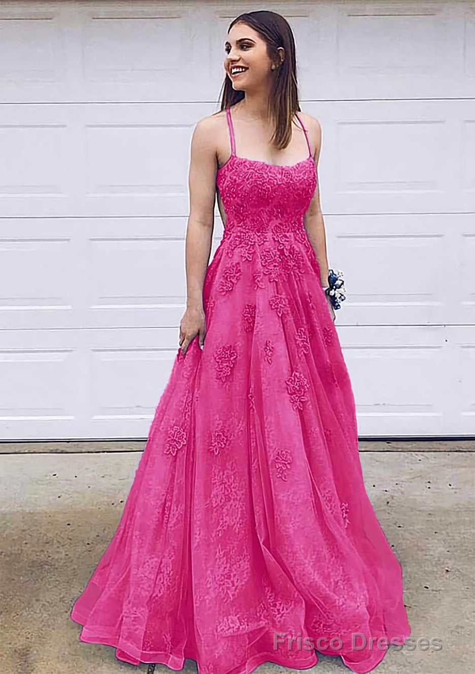 A-line Bateau Court Train Lace Prom Dresses With Appliqued