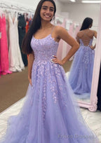 A-line Bateau Court Train Tulle Glitter Prom Dresses With Appliqued Beading