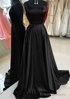 A-line Bateau Spaghetti Straps Sweep Train Charmeuse Prom Dresses