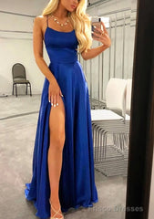 A-line Bateau Spaghetti Straps Sweep Train Charmeuse Prom Dresses With Split