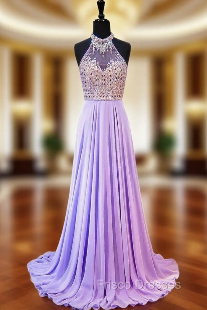 A-line Beaded Crystals Floor Length Backless Lilac Chiffon Formal Prom Dress Main image