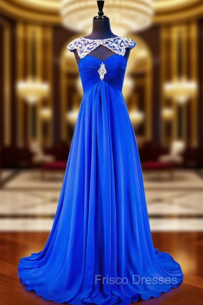 A-line Beaded Crystals Royal Blue Backless Chiffon Formal Prom Dress Main image