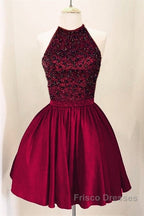 A-Line Beaded Halter Keyhole Back Satin Homecoming Dress Short