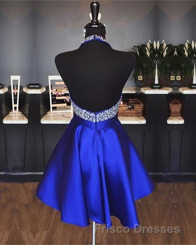 A-line Beaded Halter Satin Formal Prom Dress Short Open Back Homecoming Dress