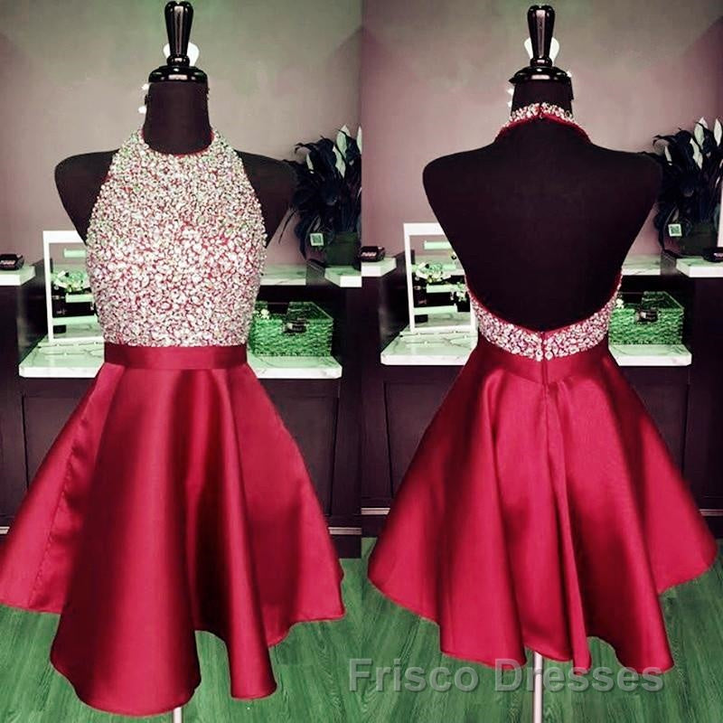 A-line Beaded Halter Satin Formal Prom Dress Short Open Back Homecoming Dress