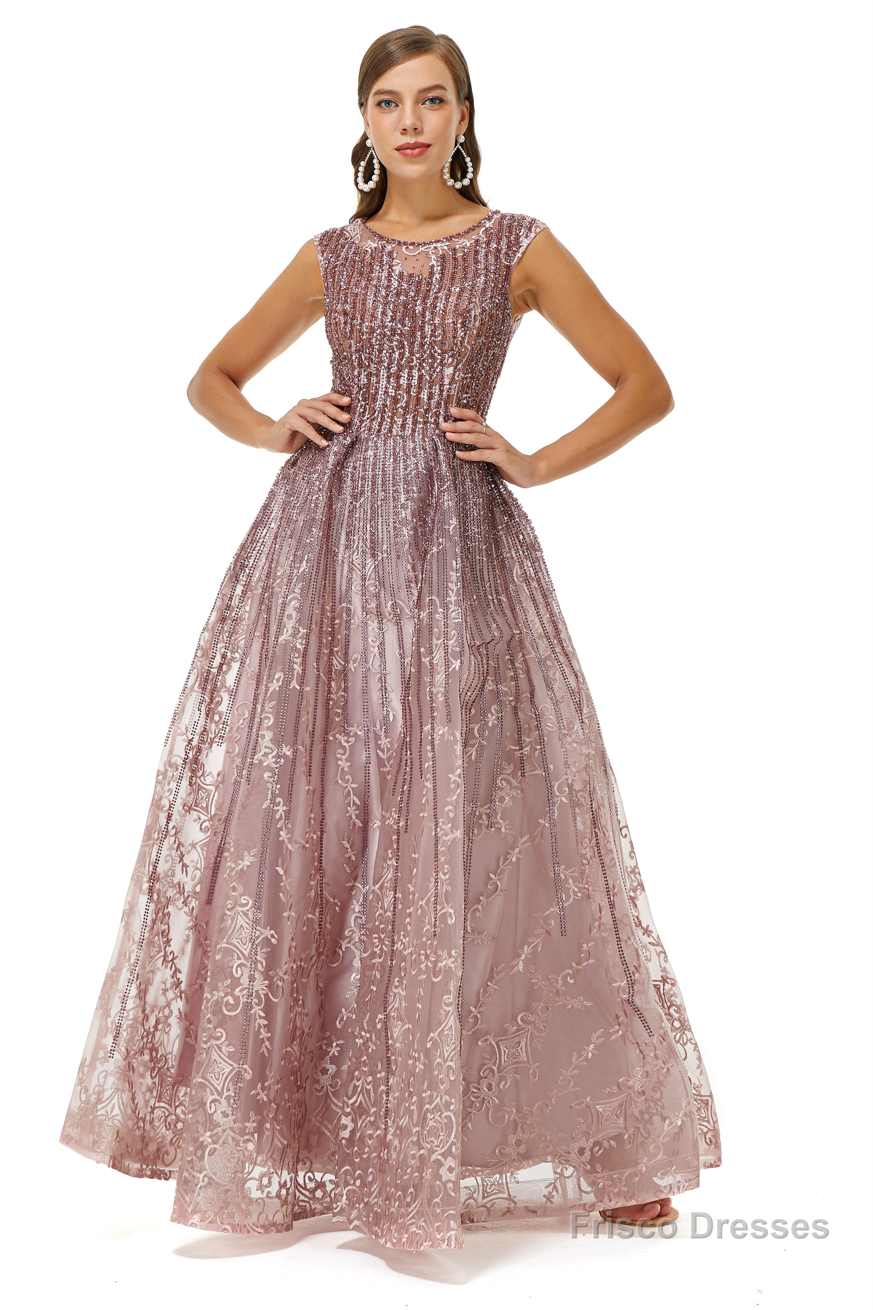 A-Line Beaded Jewel Appliques Lace Floor-Length Cap Sleeve Prom Dresses