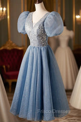 A-Line Beaded Short Formal Prom Dress, Cute Short Sleeve Homecoming Party Dress