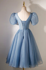 A-Line Beaded Short Prom Dress, Cute Short Sleeve Homecoming Party Dress