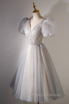 A-Line Beaded Short Formal Prom Dress, Cute Short Sleeve Homecoming Party Dress