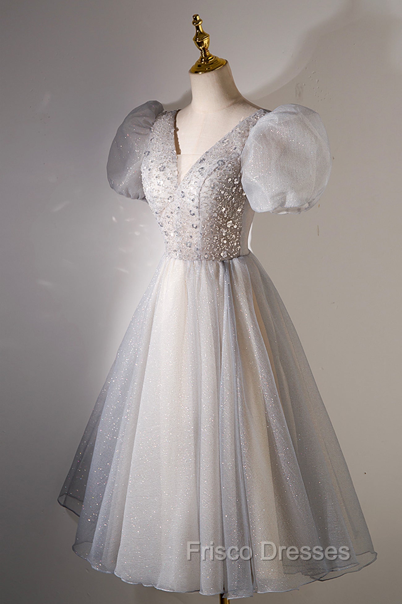 A-Line Beaded Short Formal Prom Dress, Cute Short Sleeve Homecoming Party Dress