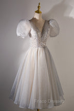 A-Line Beaded Short Formal Prom Dress, Cute Short Sleeve Homecoming Party Dress