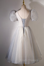 A-Line Beaded Short Formal Prom Dress, Cute Short Sleeve Homecoming Party Dress