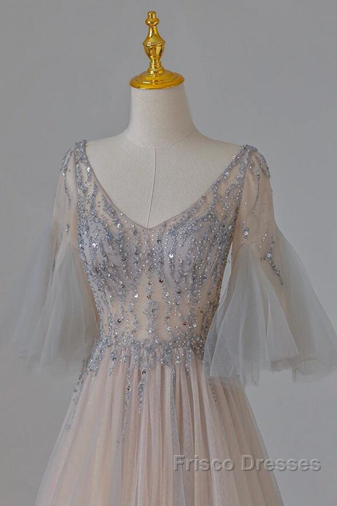 A-Line Beaded V-Neckline Tulle Formal Dress, Puffy Sleeves Long Formal Prom Dress Secondary image