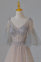 A-Line Beaded V-Neckline Tulle Formal Dress, Puffy Sleeves Long Formal Prom Dress