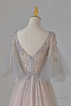 A-Line Beaded V-Neckline Tulle Formal Dress, Puffy Sleeves Long Formal Prom Dress