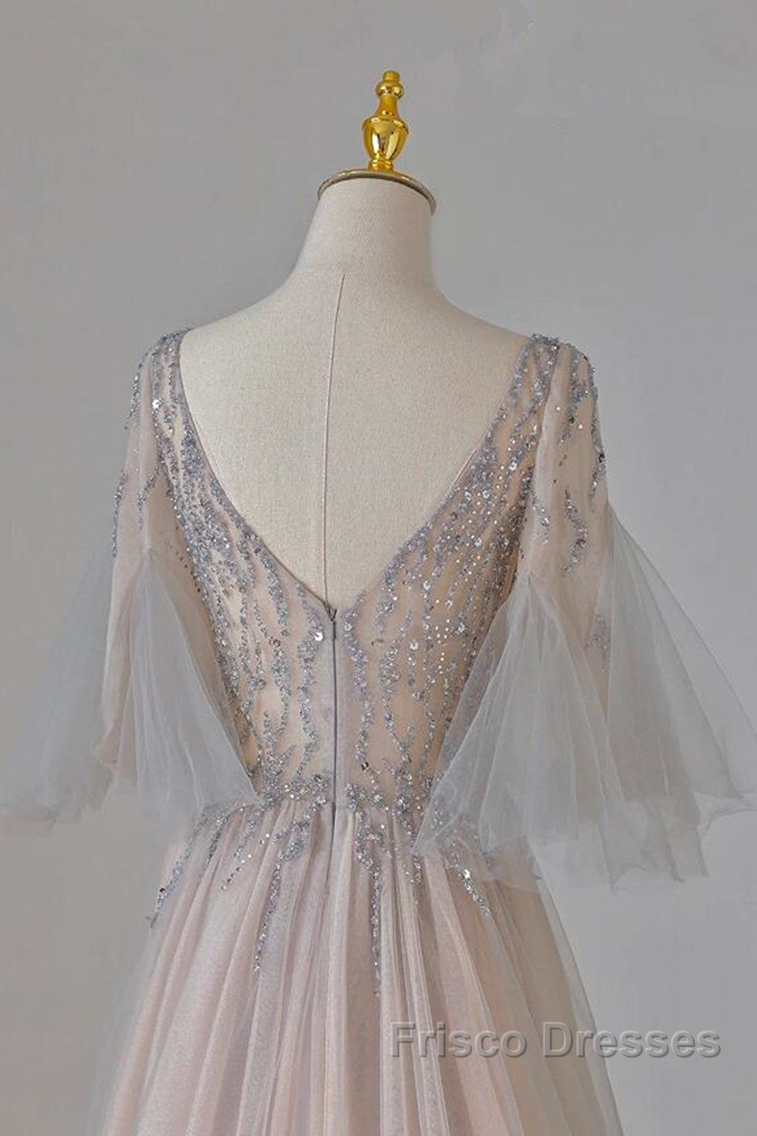 A-Line Beaded V-Neckline Tulle Formal Dress, Puffy Sleeves Long Formal Prom Dress