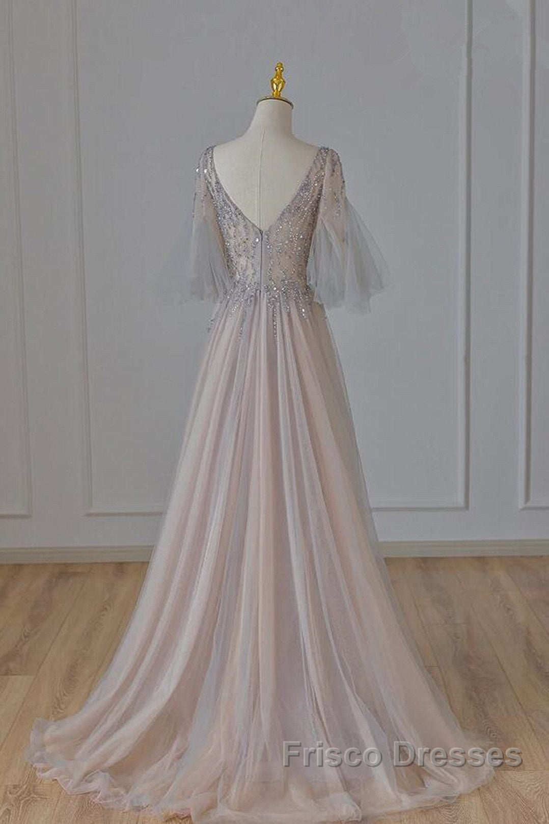 A-Line Beaded V-Neckline Tulle Formal Dress, Puffy Sleeves Long Formal Prom Dress