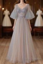 A-Line Beaded V-Neckline Tulle Formal Dress, Puffy Sleeves Long Formal Prom Dress