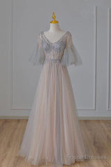 A-Line Beaded V-Neckline Tulle Formal Dress, Puffy Sleeves Long Prom Dress