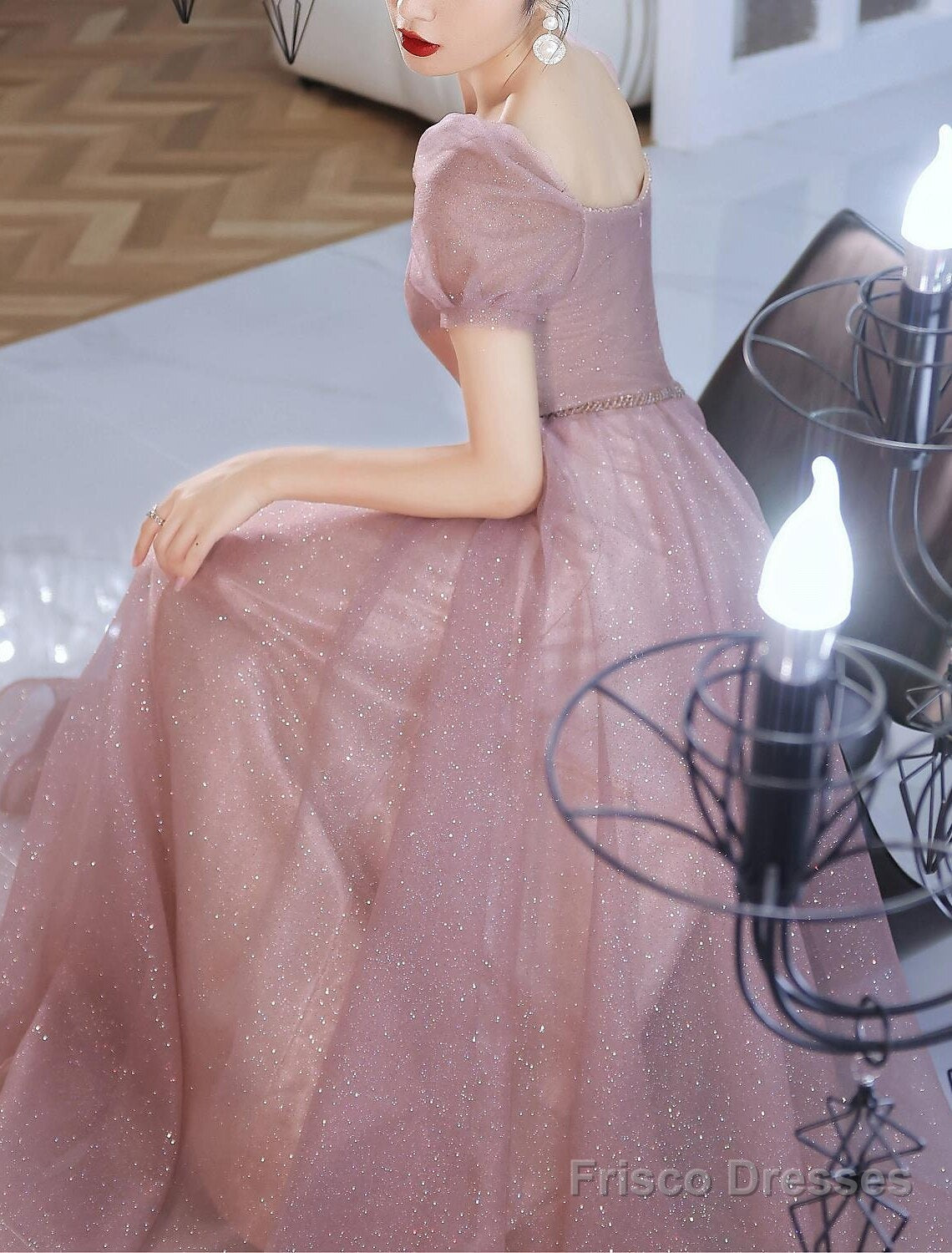 A-Line Beautiful Back Elegant Prom Formal Evening Birthday Dress Sweetheart Neckline Short Sleeve Floor Length Lace With Beading  / Puff Balloon Sleeve Secondary image