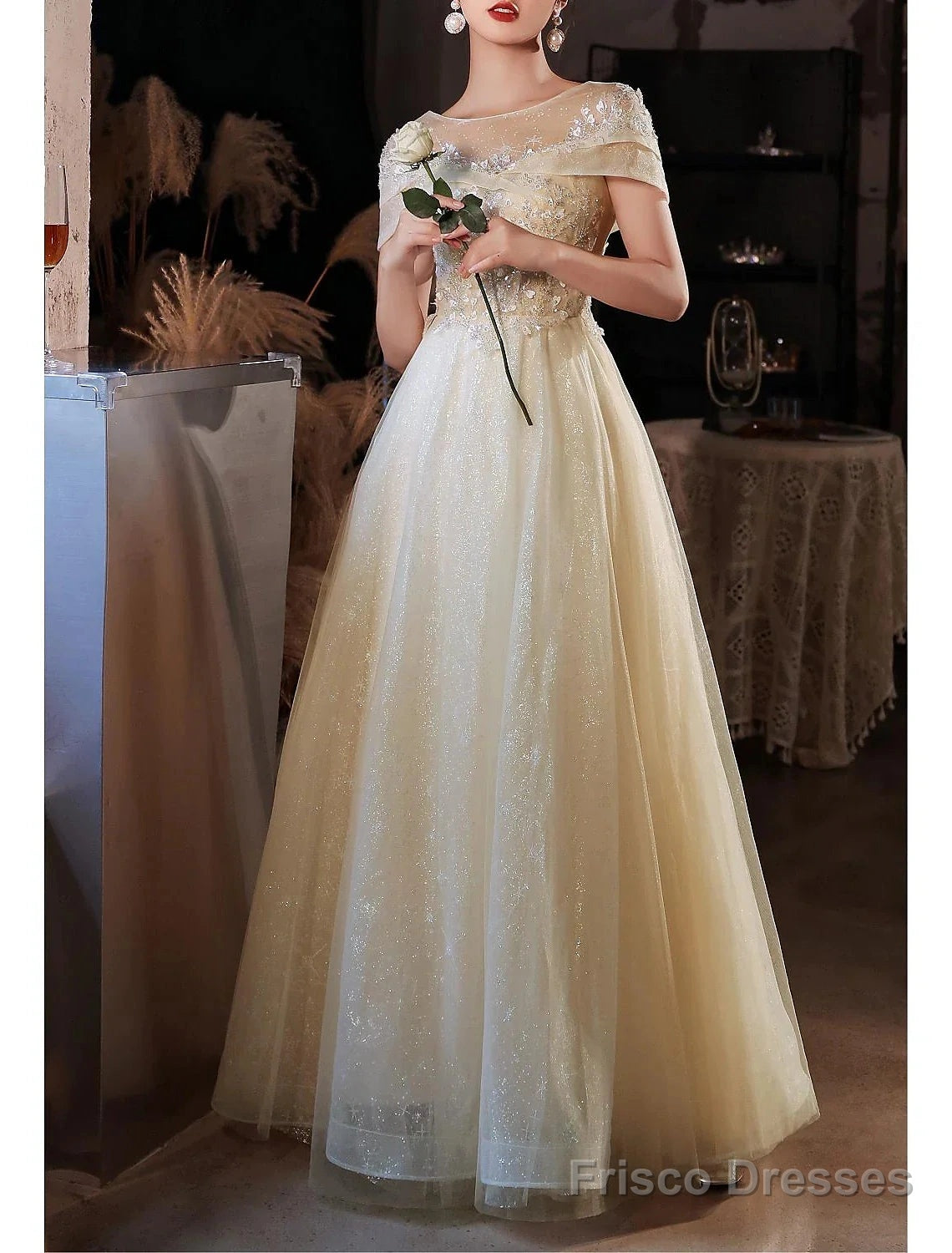 A-Line Beautiful Back Elegant Prom Formal Evening Dress Jewel Neck Short Sleeve Floor Length Lace With Beading Appliques Secondary image