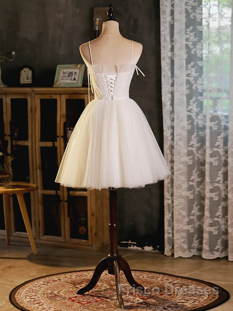 A-Line Beige Tulle Short Formal Prom Dresses, Beige Cute Homecoming Dresses