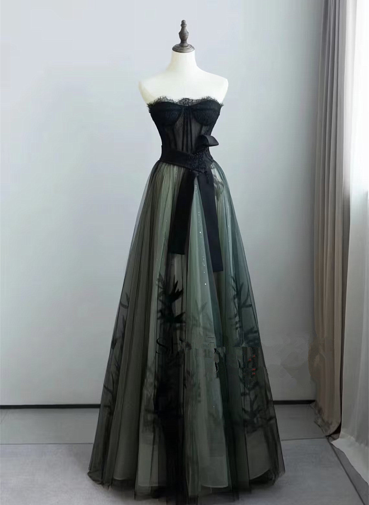A-Line Black And Green Tulle With Lace Long Prom Dress, Tulle Party Dress