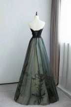 A-Line Black And Green Tulle With Lace Long Prom Dress, Tulle Party Dress